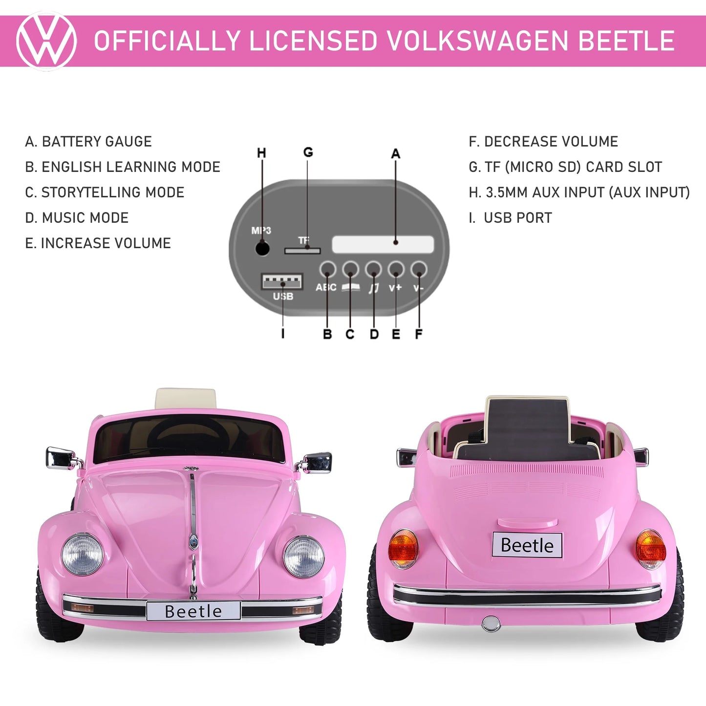 Licensed Volkswagen Beetle Electric Kids Ride-On Car 6V Battery Powered Toy with Remote Control Music Horn Lights MP3 for 3-6 Years Old Pink