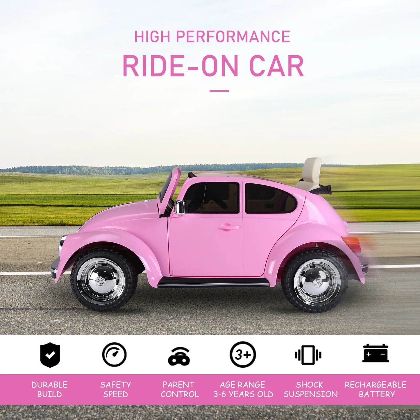 Licensed Volkswagen Beetle Electric Kids Ride-On Car 6V Battery Powered Toy with Remote Control Music Horn Lights MP3 for 3-6 Years Old Pink