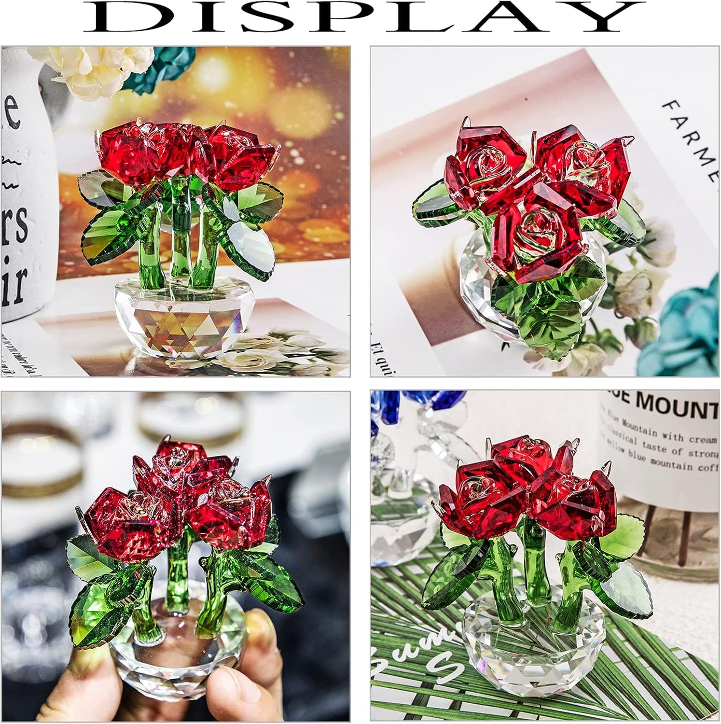 Red Crystal Rose Bouquet Flowers Figurines Ornament with Gift Box