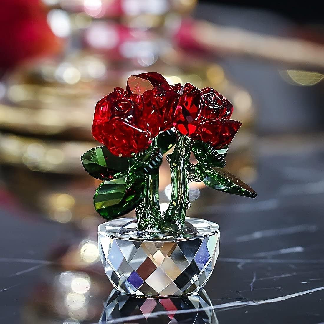 Red Crystal Rose Bouquet Flowers Figurines Ornament with Gift Box