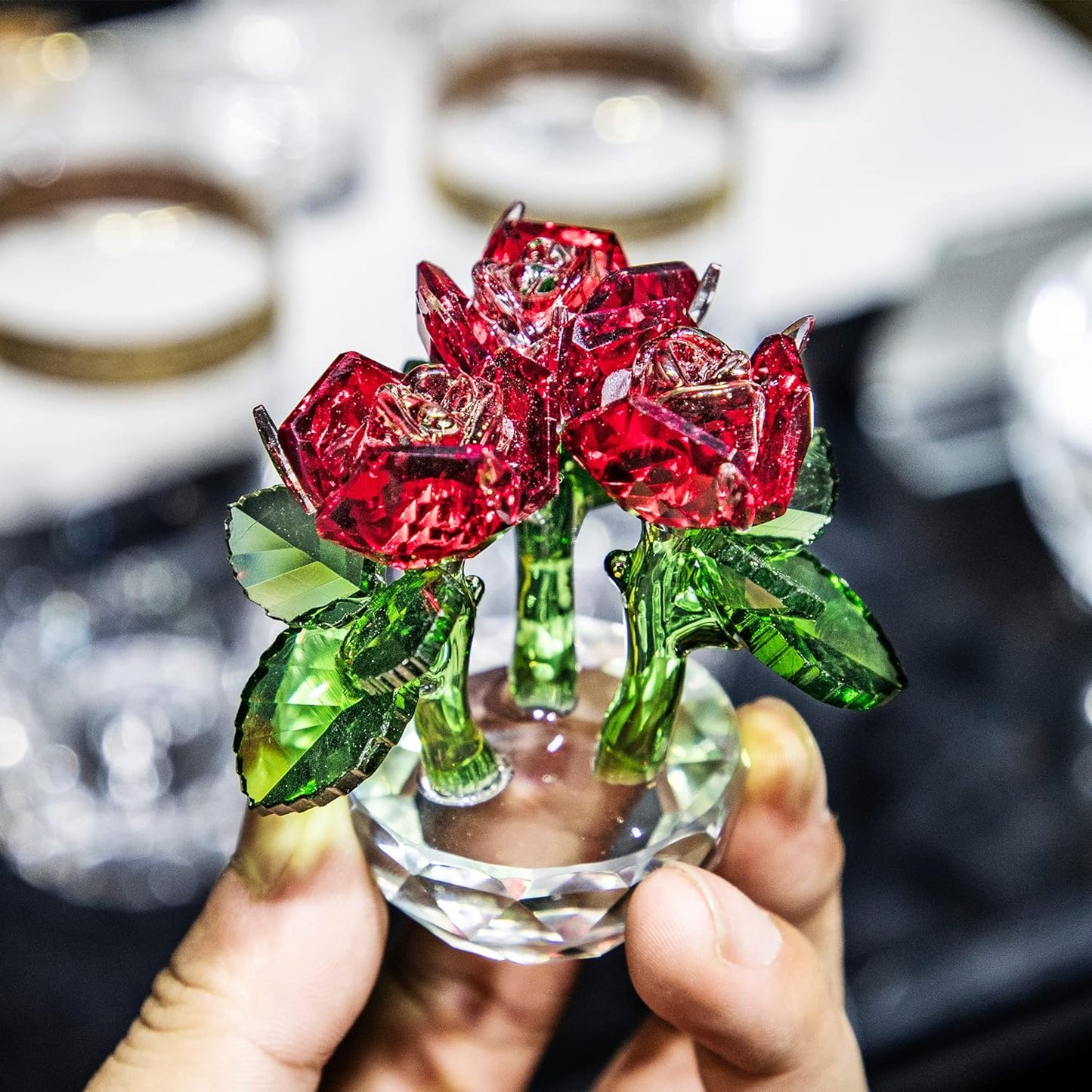 Red Crystal Rose Bouquet Flowers Figurines Ornament with Gift Box