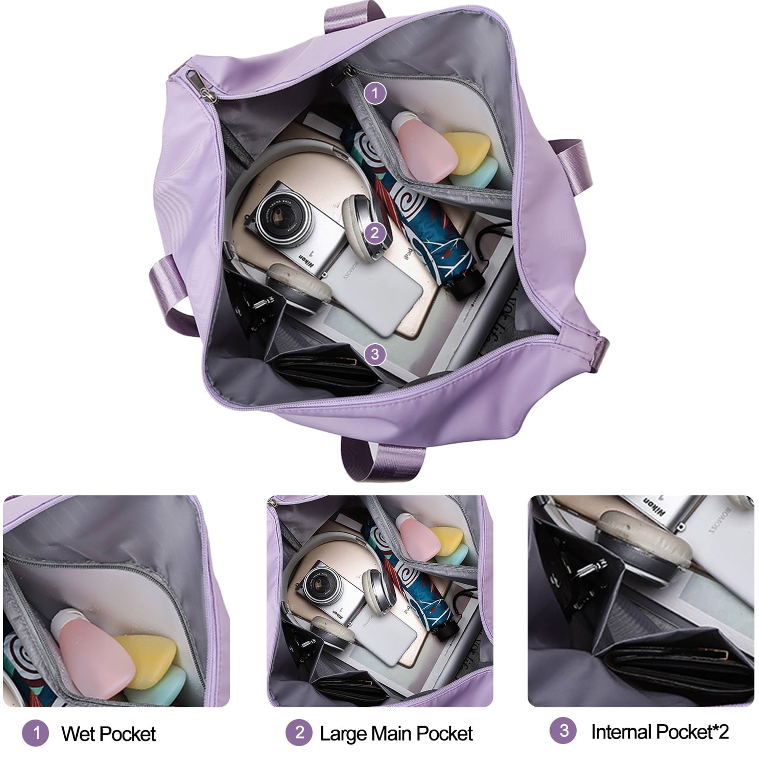 Weekender Bags for Women, Travel Bag Carry on Gym Bag, Travel Duffle Bag with Wet Dry Pocket/Front Phone Pocket/Trolley Sleeve Pocket, Purple
