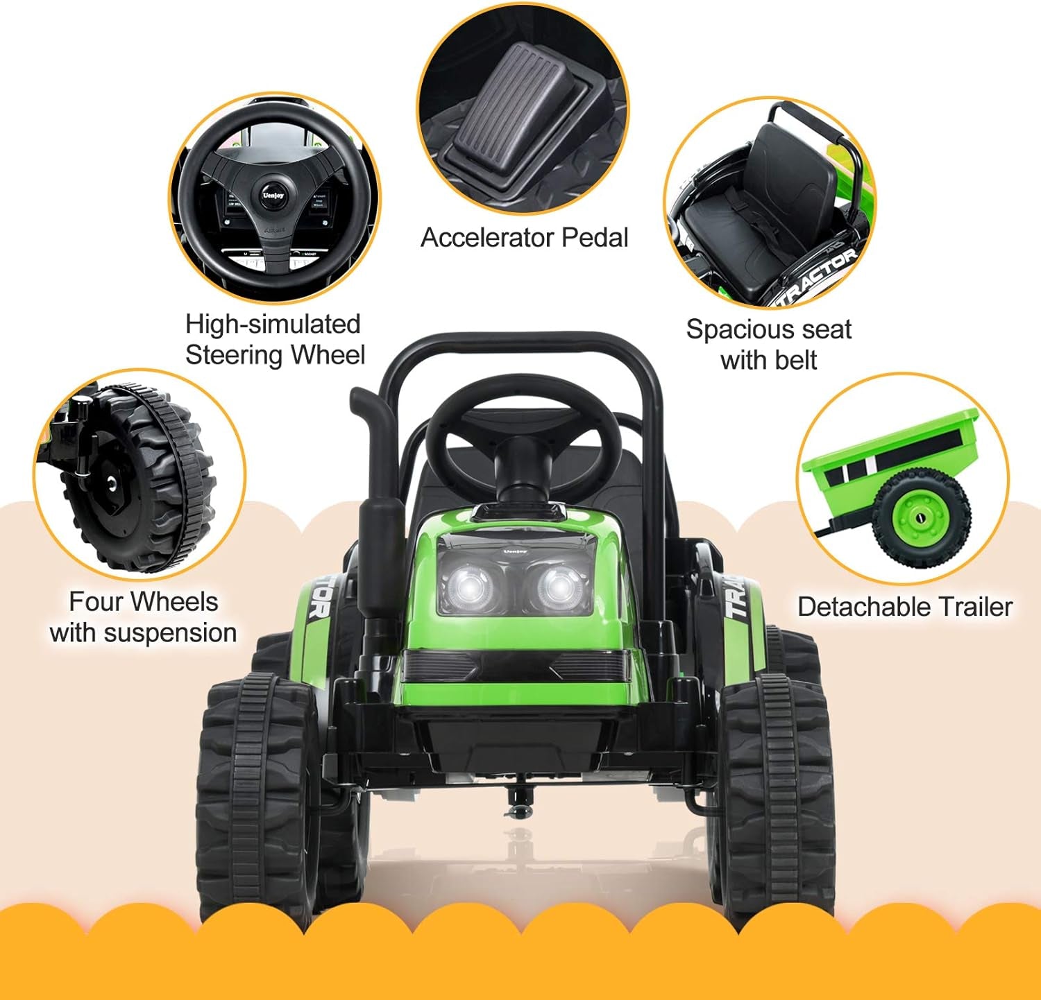 Electric Ride on Tractor with Trailer, Battery Powered Tractor Motorized Vehicles for Kids W/Remote Control, Music, Horn, Spring Suspension,Green
