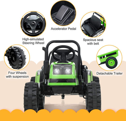 Electric Ride on Tractor with Trailer, Battery Powered Tractor Motorized Vehicles for Kids W/Remote Control, Music, Horn, Spring Suspension,Green