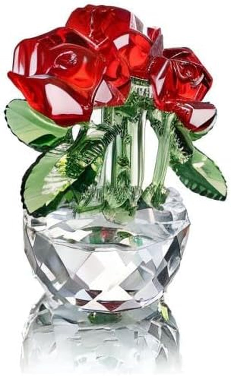 Red Crystal Rose Bouquet Flowers Figurines Ornament with Gift Box