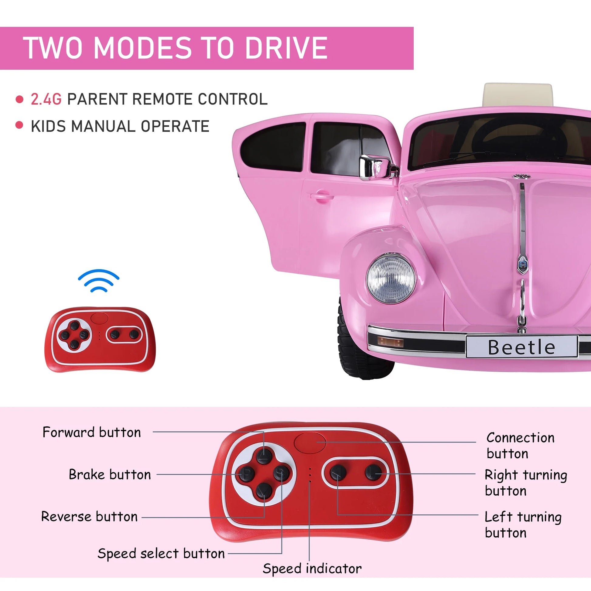 Licensed Volkswagen Beetle Electric Kids Ride-On Car 6V Battery Powered Toy with Remote Control Music Horn Lights MP3 for 3-6 Years Old Pink