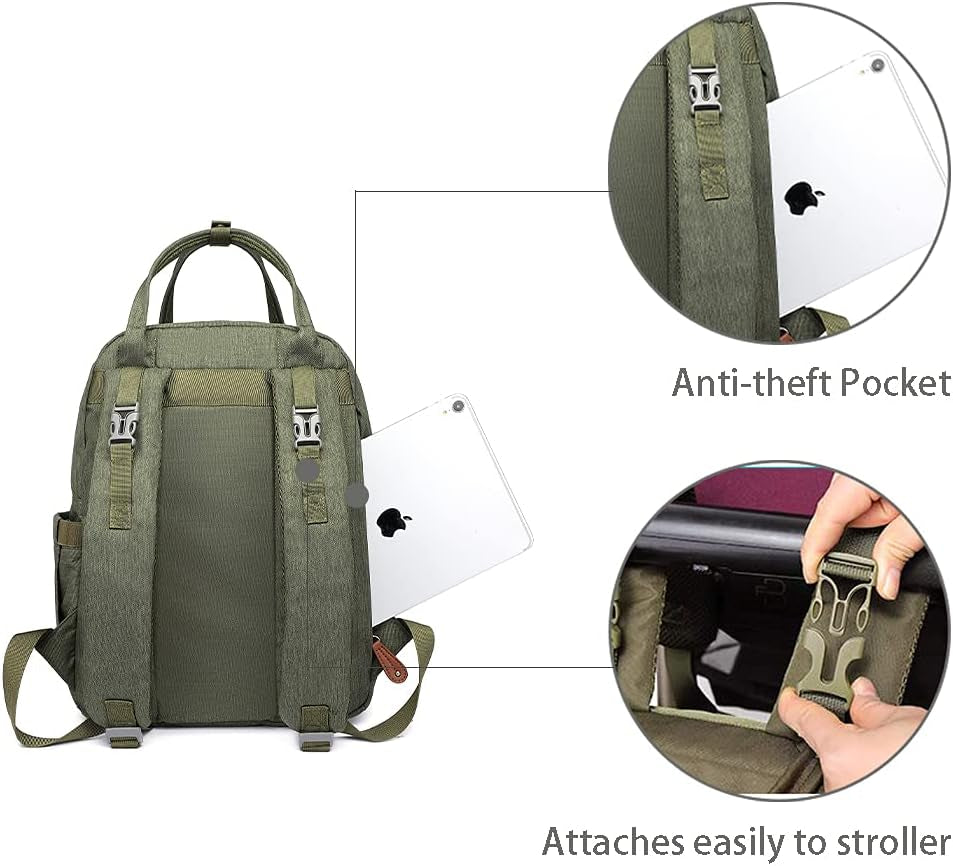 Diaper Bag Backpack, Green, with Changing Pad, 16.5X8X12 Inches, Large Capacity, 18 Pockets, Waterproof, for Baby Girl Boy