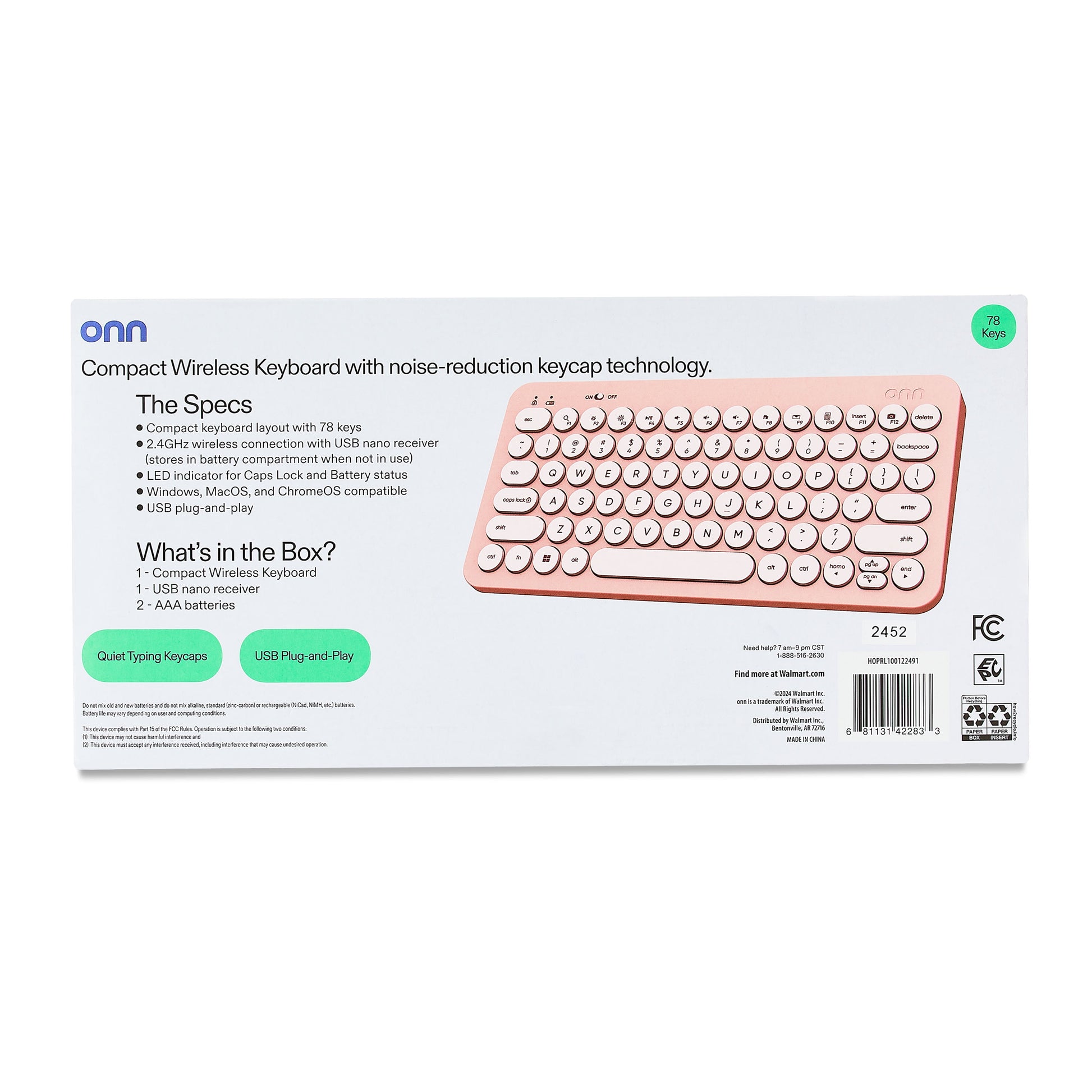 Mini Wireless Office Keyboard with USB Receiver, Pearl Blush Pink