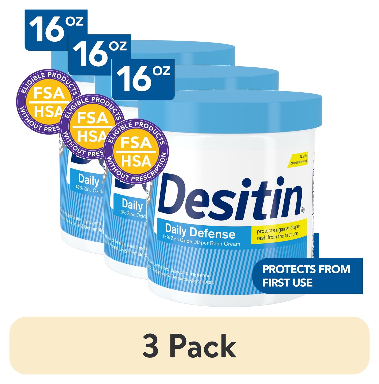 (3 Pack)  Daily Defense Baby Diaper Rash Cream, Butt Paste with 13% Zinc Oxide, 16 Oz