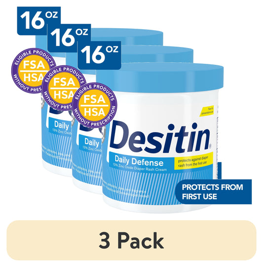 (3 Pack)  Daily Defense Baby Diaper Rash Cream, Butt Paste with 13% Zinc Oxide, 16 Oz