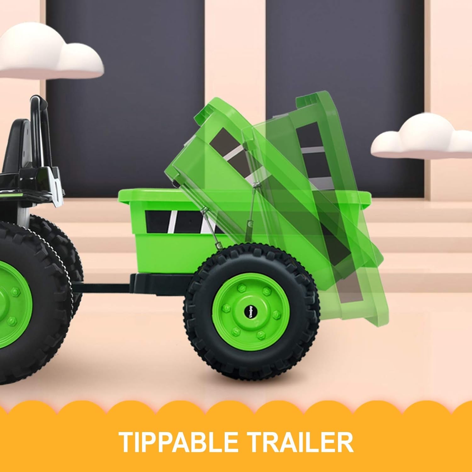 Electric Ride on Tractor with Trailer, Battery Powered Tractor Motorized Vehicles for Kids W/Remote Control, Music, Horn, Spring Suspension,Green