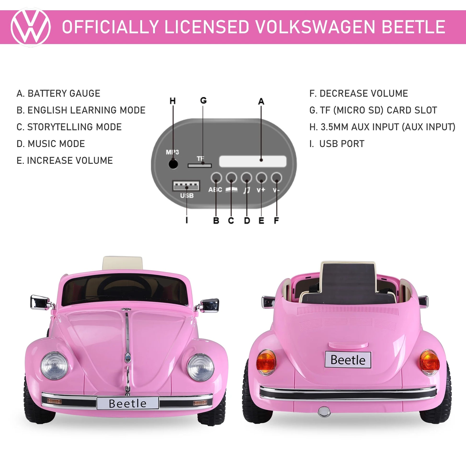Licensed Volkswagen Beetle Electric Kids Ride-On Car 6V Battery Powered Toy with Remote Control Music Horn Lights MP3 for 3-6 Years Old Pink