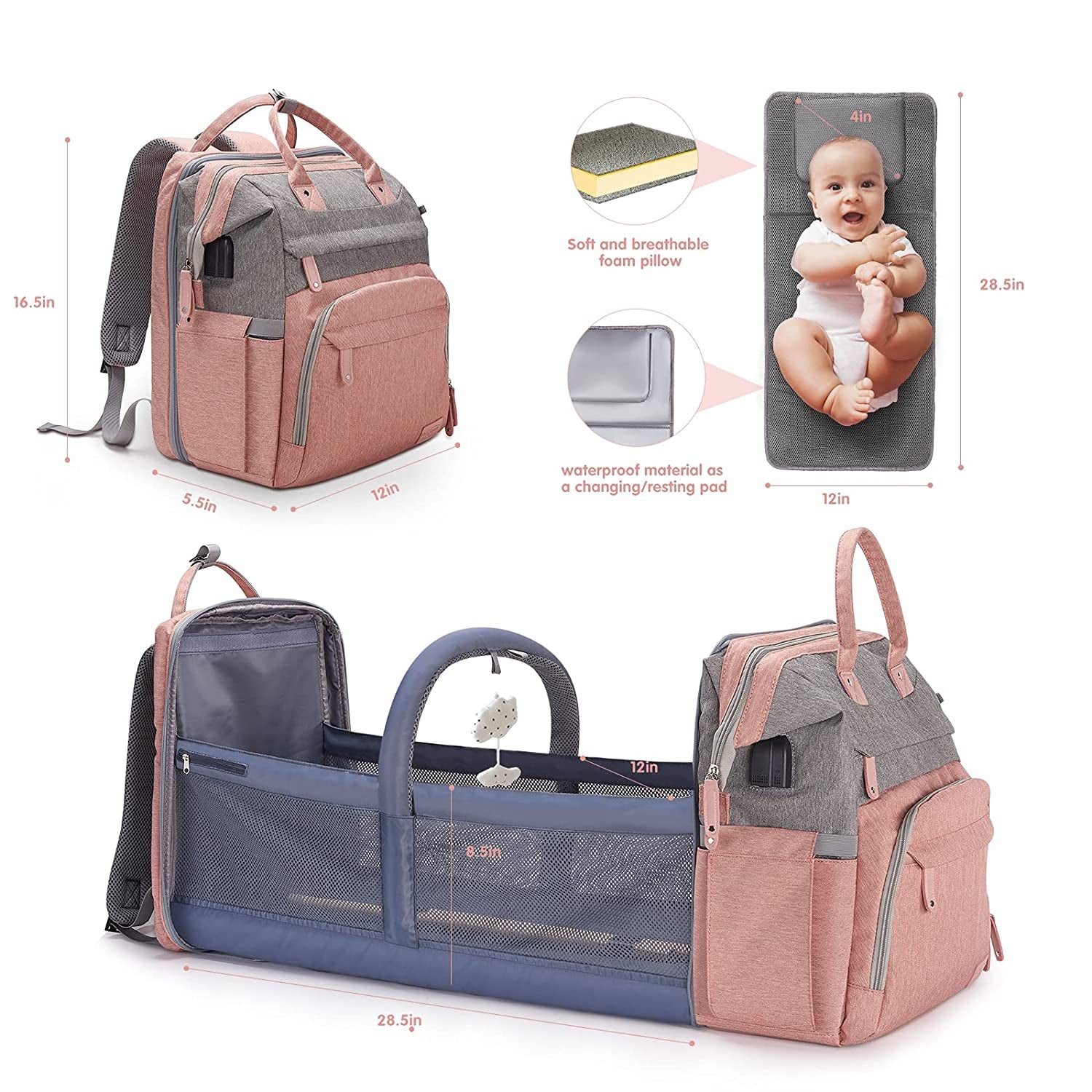 Diaper Bag Backpack, Baby Diaper Bags, Baby Shower Gifts, with Portable Diaper Pad