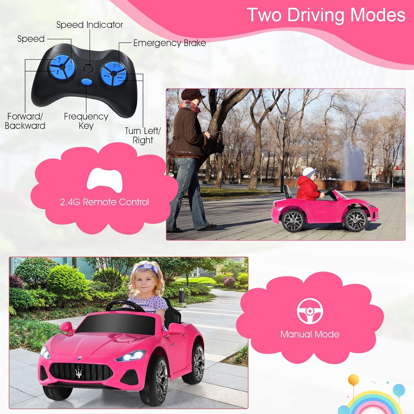 Pink Ride on Car, Licensed Maserati Grancabrio, 12V Battery Powered Motorized Vehicle W/Remote Control, Spring Suspension, Double Doors, Lights, 4 Wheel Electric Vehicle for Kids(Pink)