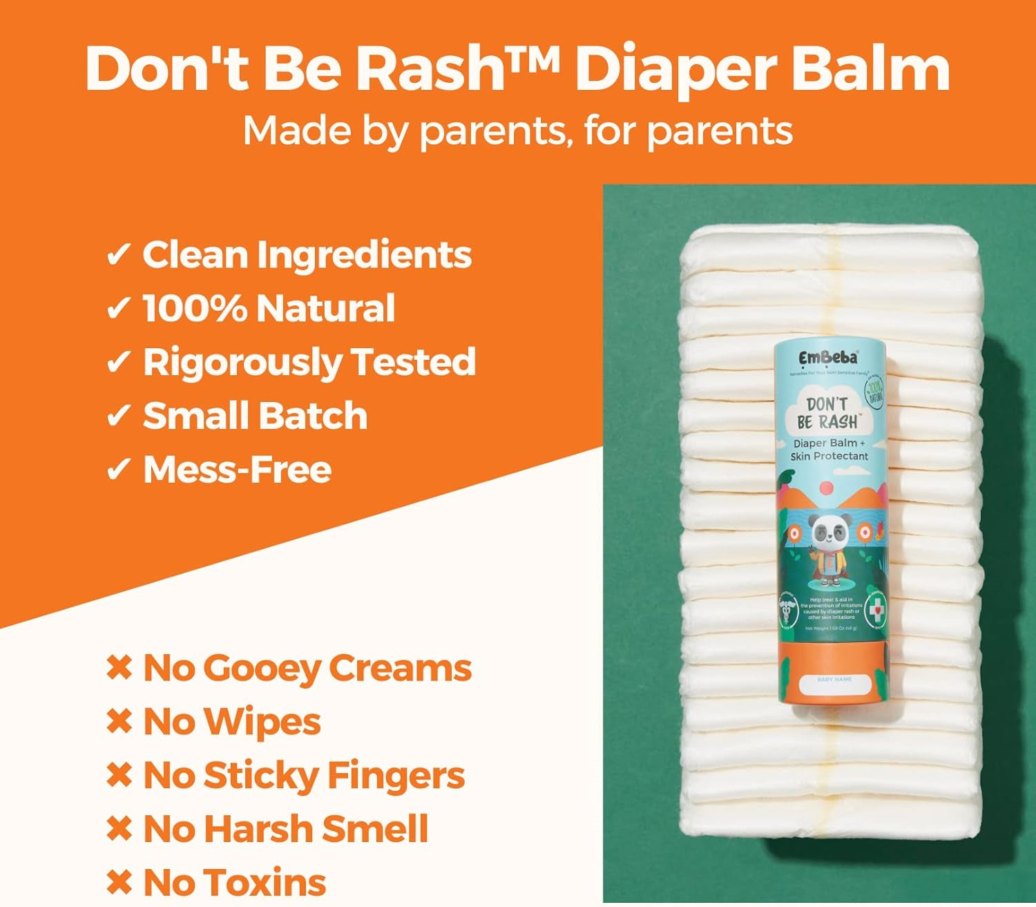 Natural Diaper Rash Cream for Baby with Sensitive Skin | Travel Friendly Baby Rash Ointment with Built-In Diaper Balm Stick Roll-On Applicator, All over Herbal Skin Care, 1 Pack