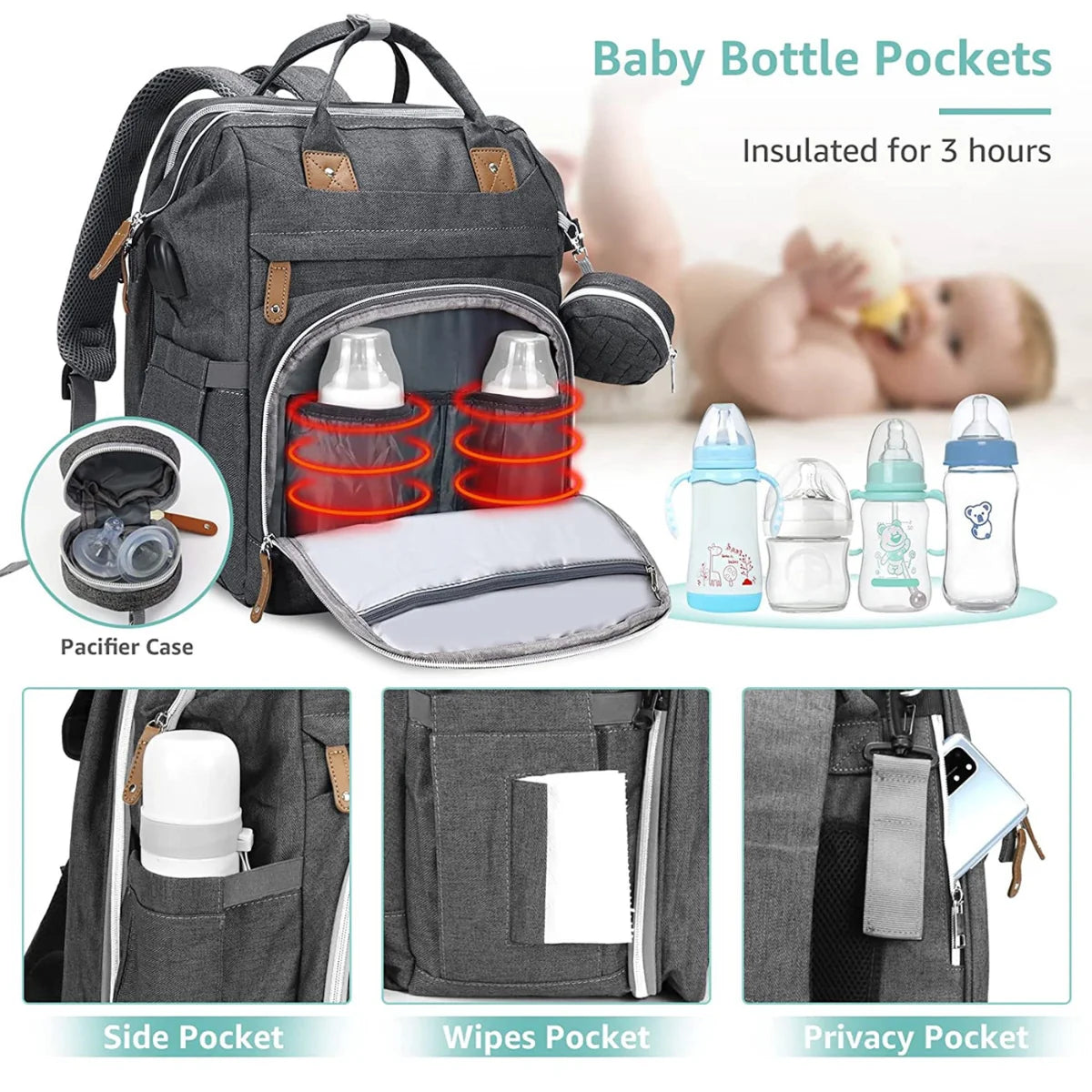 Diaper Bag Backpack, Baby Diaper Bags, Baby Shower Gifts, with Portable Diaper Pad