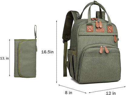 Diaper Bag Backpack, Green, with Changing Pad, 16.5X8X12 Inches, Large Capacity, 18 Pockets, Waterproof, for Baby Girl Boy