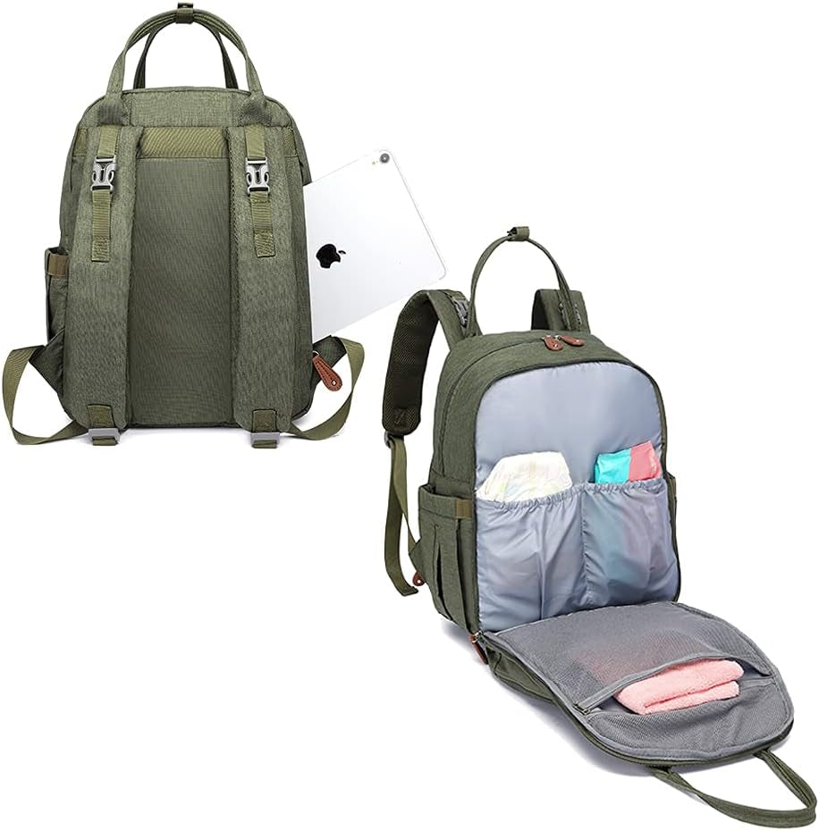 Diaper Bag Backpack, Green, with Changing Pad, 16.5X8X12 Inches, Large Capacity, 18 Pockets, Waterproof, for Baby Girl Boy
