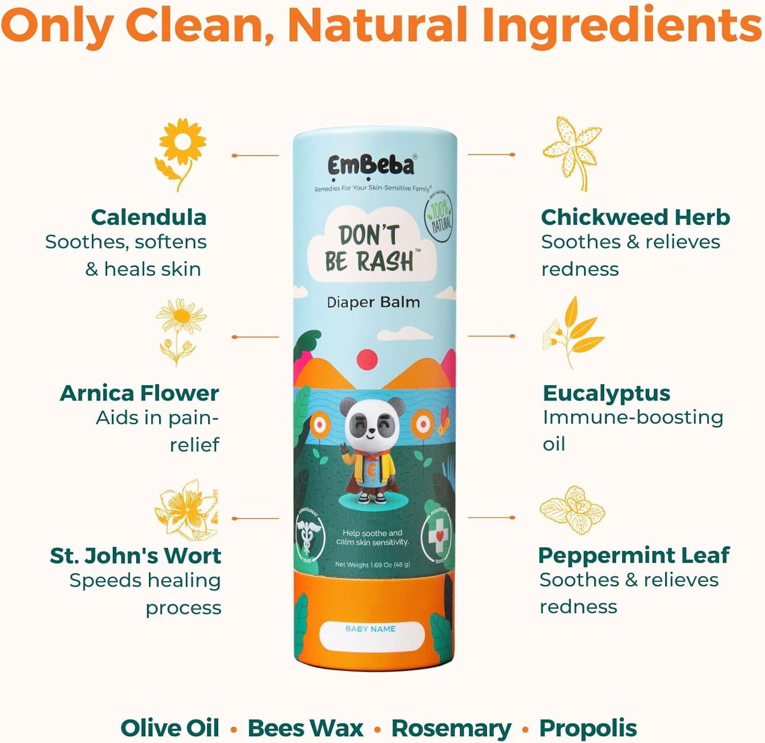 Natural Diaper Rash Cream for Baby with Sensitive Skin | Travel Friendly Baby Rash Ointment with Built-In Diaper Balm Stick Roll-On Applicator, All over Herbal Skin Care, 1 Pack