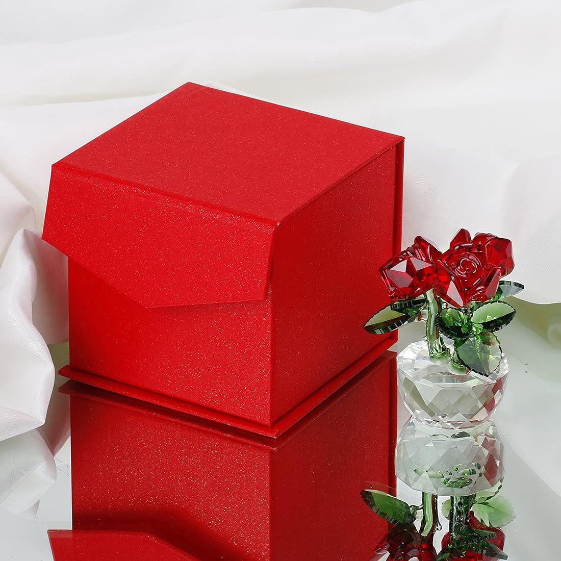 Red Crystal Rose Bouquet Flowers Figurines Ornament with Gift Box