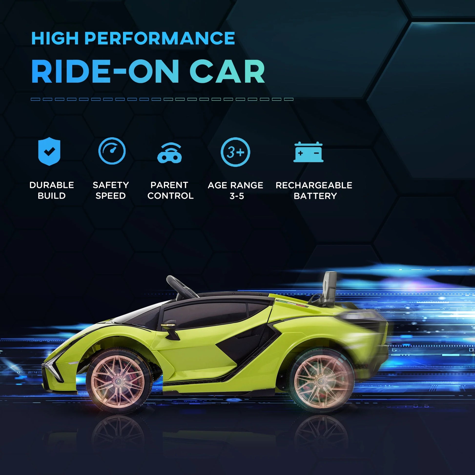 12V Ride on Car, Lamborghini SIAN Licensed Battery Powered Electric Car for Kids with Remote Control, Horn, Music, & Headlights, Green