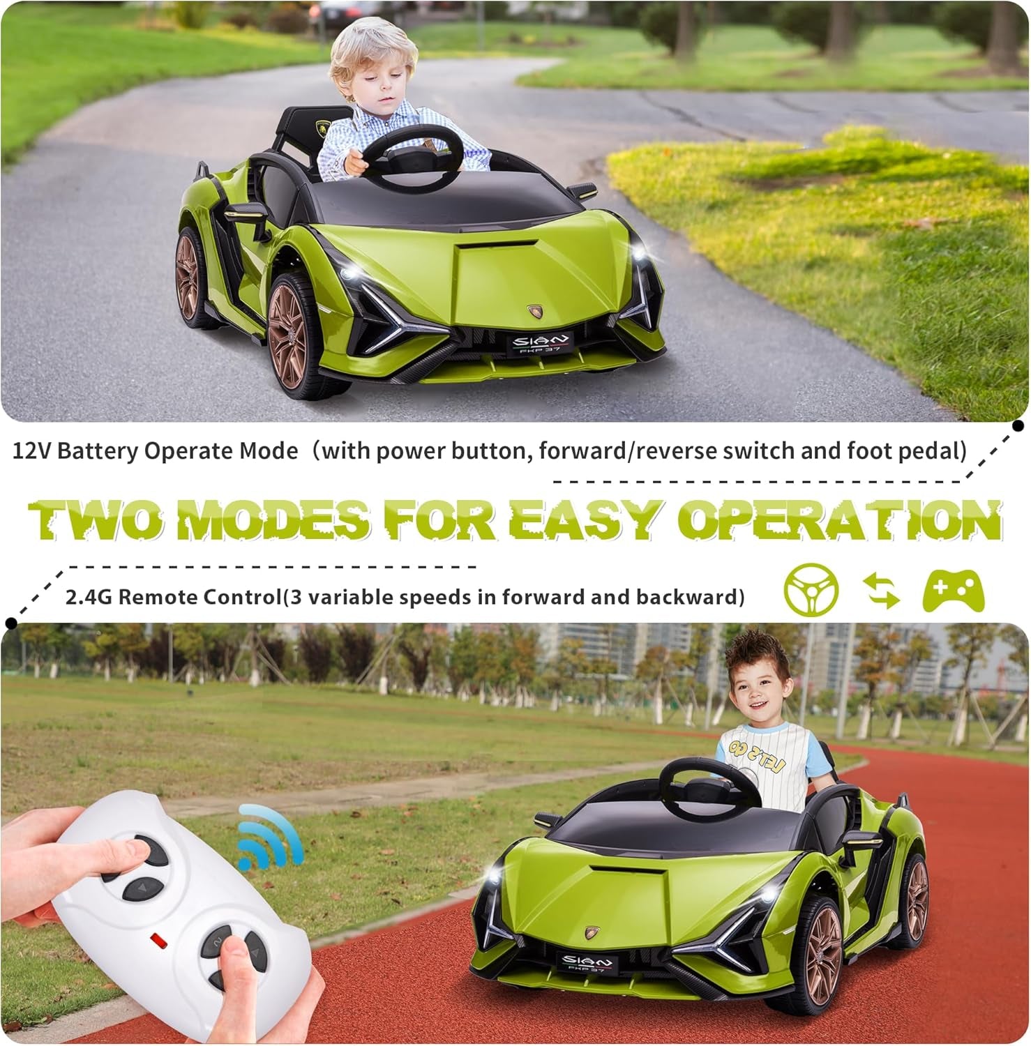 Electric Ride on Car Toy for Kids to Drive, 12V Battery Powered Licensed Lamborghini SIAN with Parent Remote Control for Toddlers 3-6 Years W/Functions Spring Suspension/Horn/Led Lights-Green