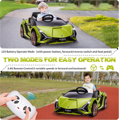 Electric Ride on Car Toy for Kids to Drive, 12V Battery Powered Licensed Lamborghini SIAN with Parent Remote Control for Toddlers 3-6 Years W/Functions Spring Suspension/Horn/Led Lights-Green