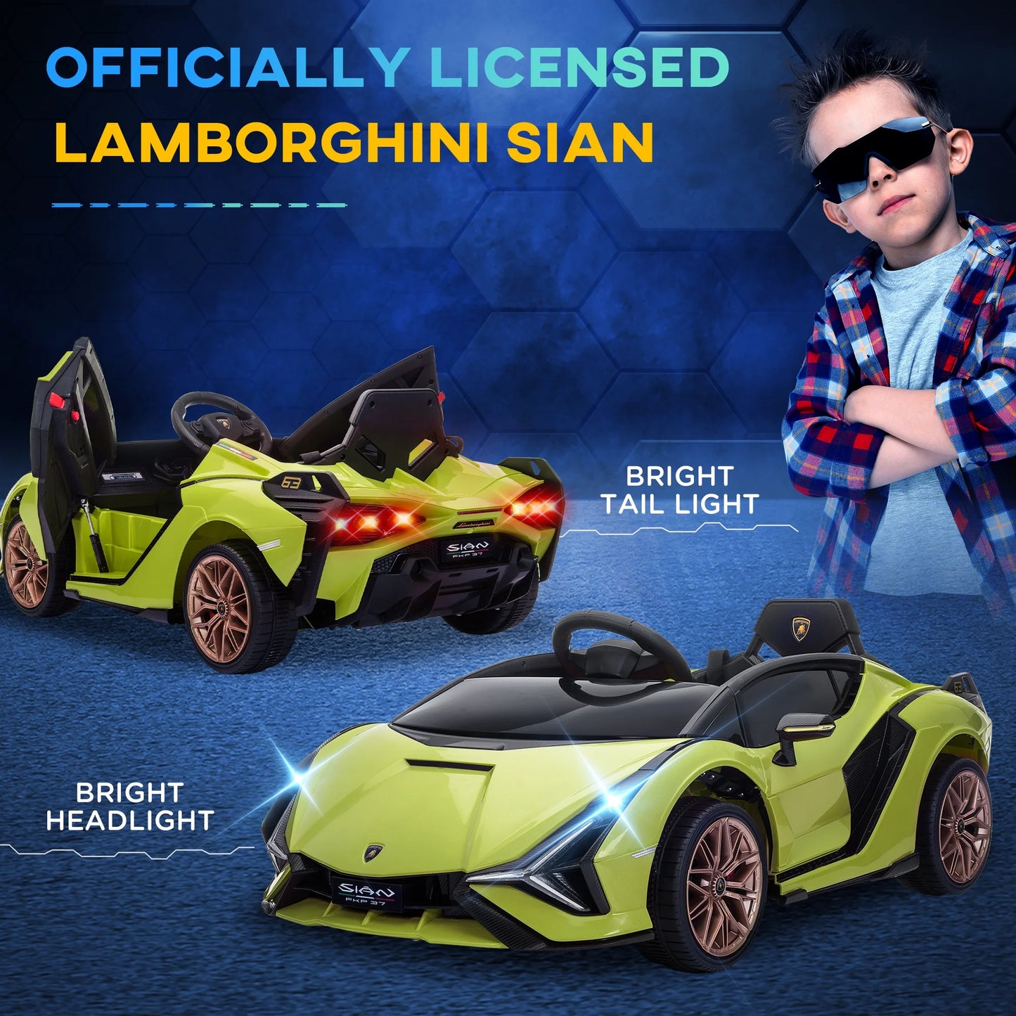 12V Ride on Car, Lamborghini SIAN Licensed Battery Powered Electric Car for Kids with Remote Control, Horn, Music, & Headlights, Green
