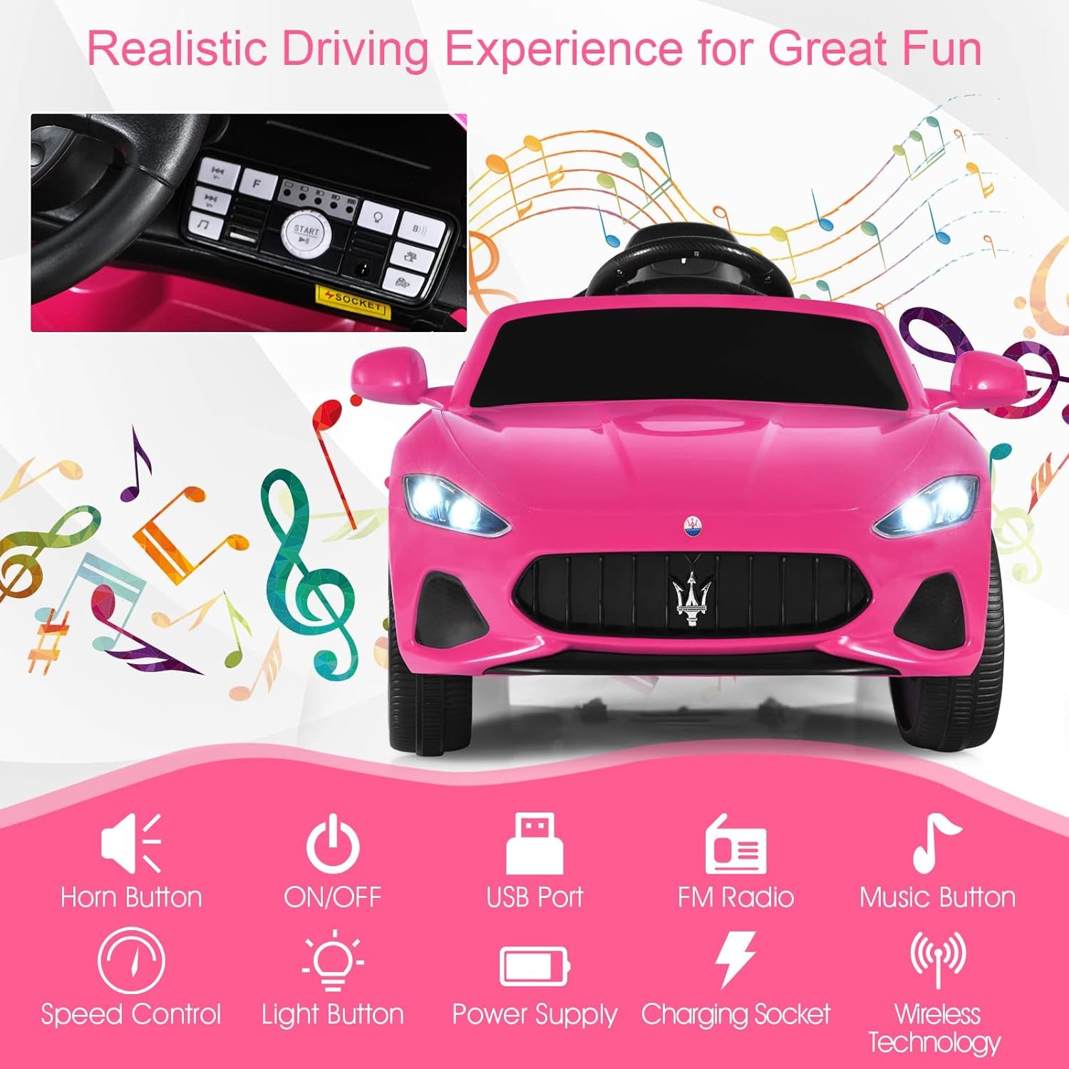 Pink Ride on Car, Licensed Maserati Grancabrio, 12V Battery Powered Motorized Vehicle W/Remote Control, Spring Suspension, Double Doors, Lights, 4 Wheel Electric Vehicle for Kids(Pink)