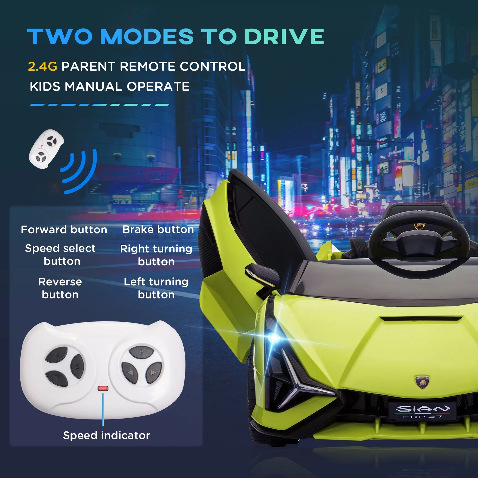 12V Ride on Car, Lamborghini SIAN Licensed Battery Powered Electric Car for Kids with Remote Control, Horn, Music, & Headlights, Green