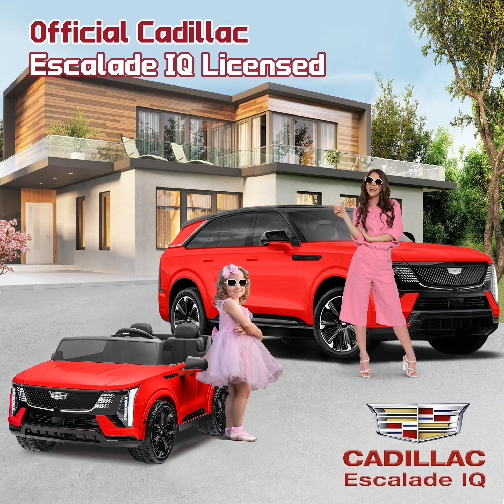 Cadillac Escalade IQ 24V Kids Ride on Car, 2 Seater Battery Powered Electric Vehicle W/ Remote Control(Red)