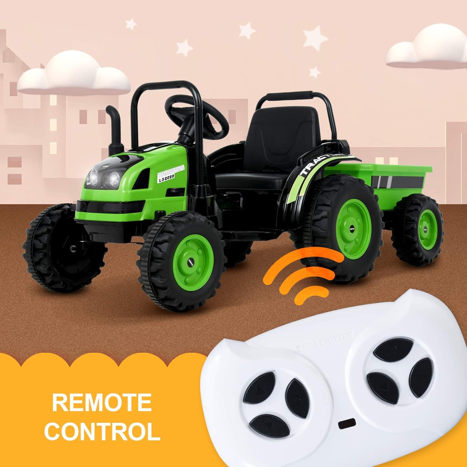 Electric Ride on Tractor with Trailer, Battery Powered Tractor Motorized Vehicles for Kids W/Remote Control, Music, Horn, Spring Suspension,Green