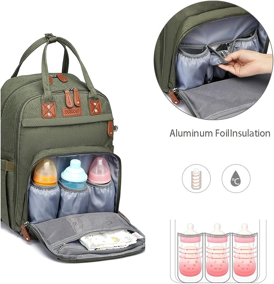 Diaper Bag Backpack, Green, with Changing Pad, 16.5X8X12 Inches, Large Capacity, 18 Pockets, Waterproof, for Baby Girl Boy