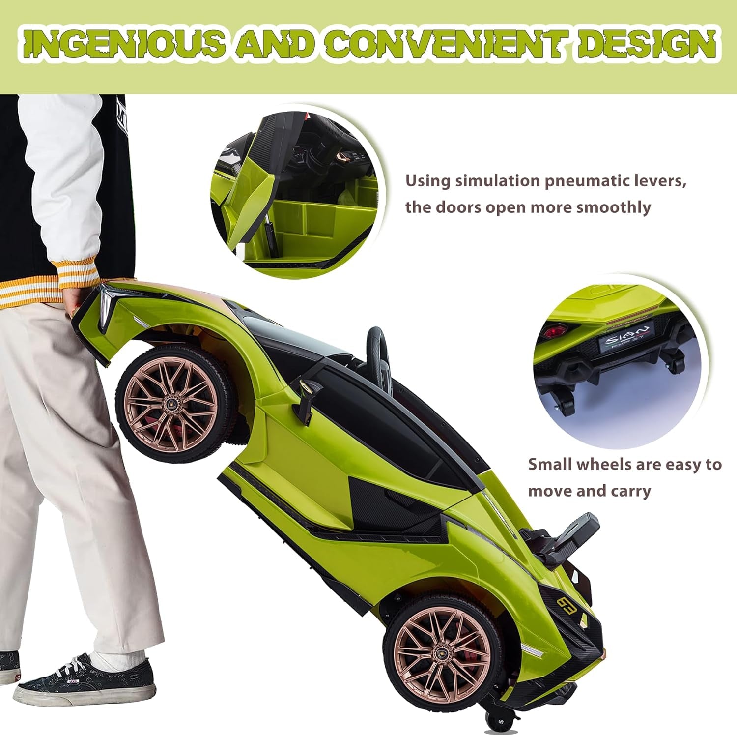 Electric Ride on Car Toy for Kids to Drive, 12V Battery Powered Licensed Lamborghini SIAN with Parent Remote Control for Toddlers 3-6 Years W/Functions Spring Suspension/Horn/Led Lights-Green
