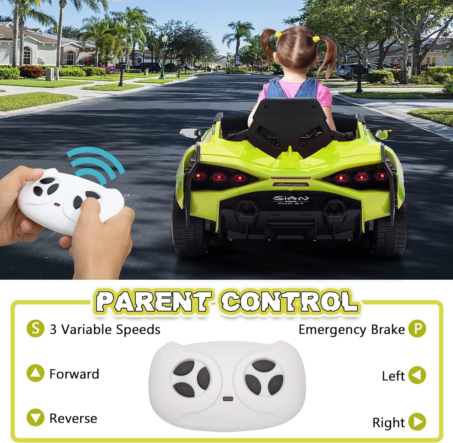 Electric Ride on Car Toy for Kids to Drive, 12V Battery Powered Licensed Lamborghini SIAN with Parent Remote Control for Toddlers 3-6 Years W/Functions Spring Suspension/Horn/Led Lights-Green