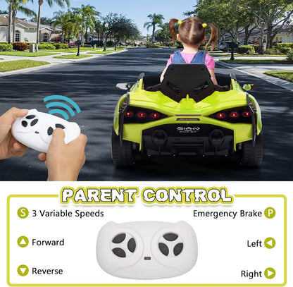 Electric Ride on Car Toy for Kids to Drive, 12V Battery Powered Licensed Lamborghini SIAN with Parent Remote Control for Toddlers 3-6 Years W/Functions Spring Suspension/Horn/Led Lights-Green