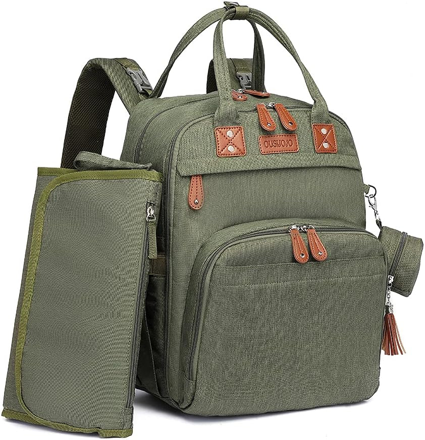 Diaper Bag Backpack, Green, with Changing Pad, 16.5X8X12 Inches, Large Capacity, 18 Pockets, Waterproof, for Baby Girl Boy