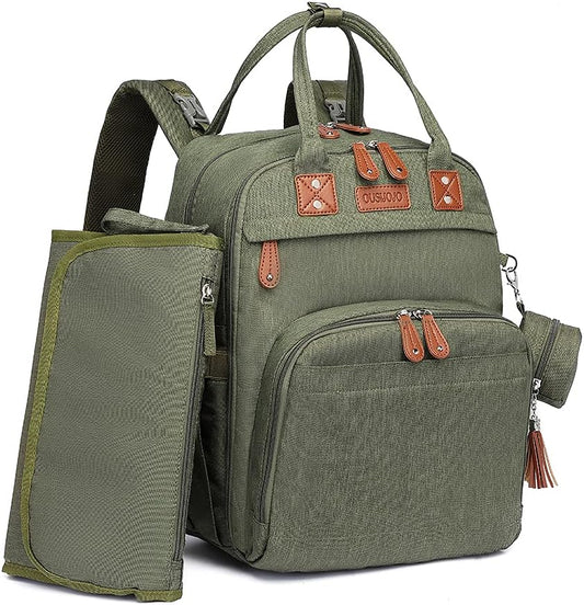 Diaper Bag Backpack, Green, with Changing Pad, 16.5X8X12 Inches, Large Capacity, 18 Pockets, Waterproof, for Baby Girl Boy