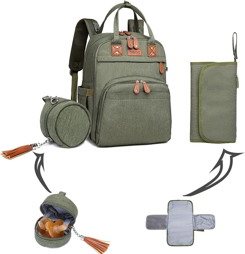 Diaper Bag Backpack, Green, with Changing Pad, 16.5X8X12 Inches, Large Capacity, 18 Pockets, Waterproof, for Baby Girl Boy