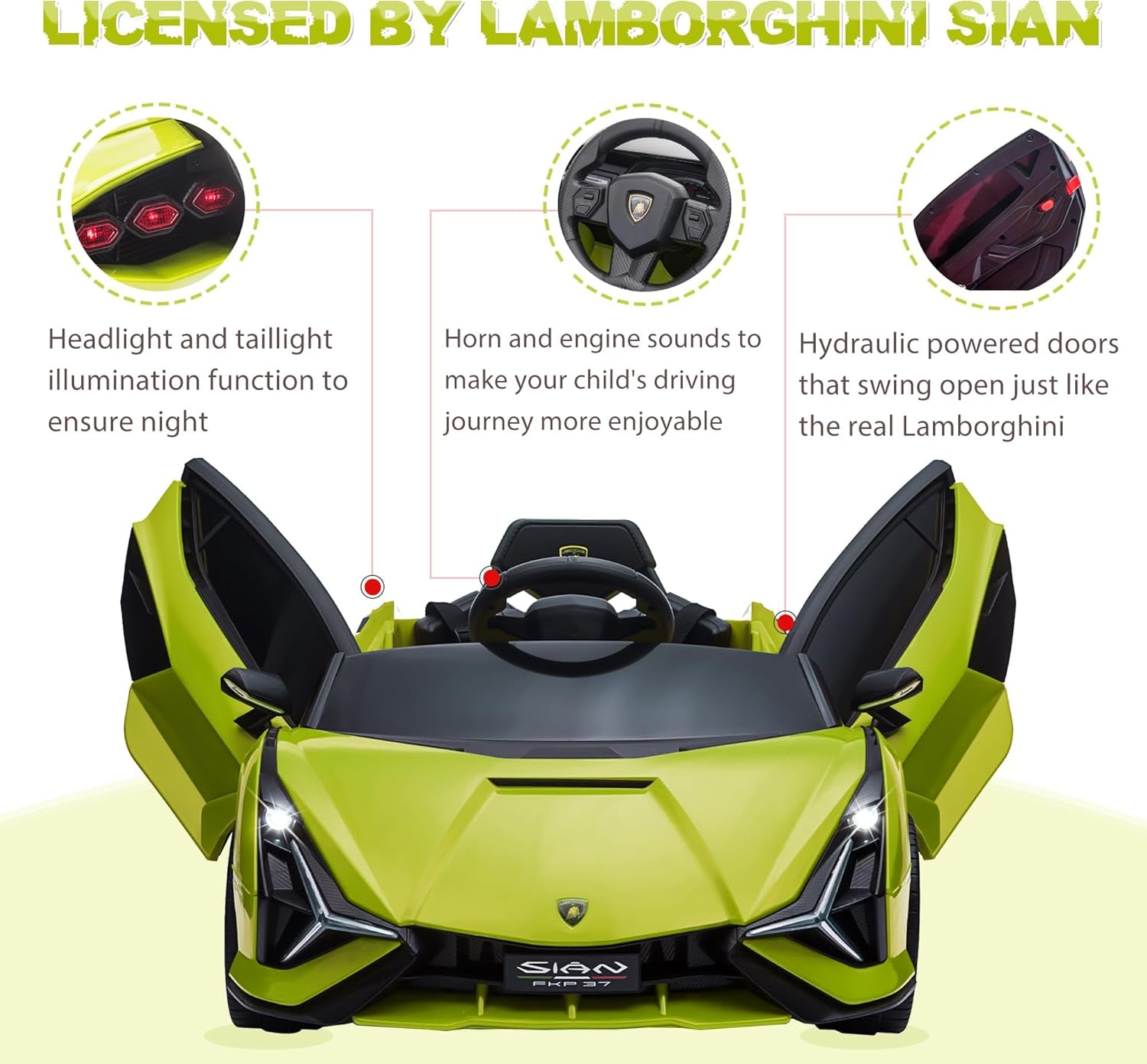 Electric Ride on Car Toy for Kids to Drive, 12V Battery Powered Licensed Lamborghini SIAN with Parent Remote Control for Toddlers 3-6 Years W/Functions Spring Suspension/Horn/Led Lights-Green