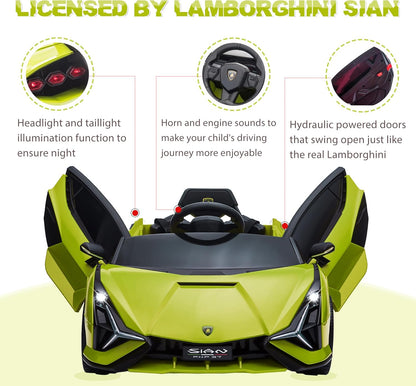 Electric Ride on Car Toy for Kids to Drive, 12V Battery Powered Licensed Lamborghini SIAN with Parent Remote Control for Toddlers 3-6 Years W/Functions Spring Suspension/Horn/Led Lights-Green