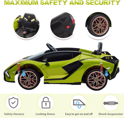 Electric Ride on Car Toy for Kids to Drive, 12V Battery Powered Licensed Lamborghini SIAN with Parent Remote Control for Toddlers 3-6 Years W/Functions Spring Suspension/Horn/Led Lights-Green