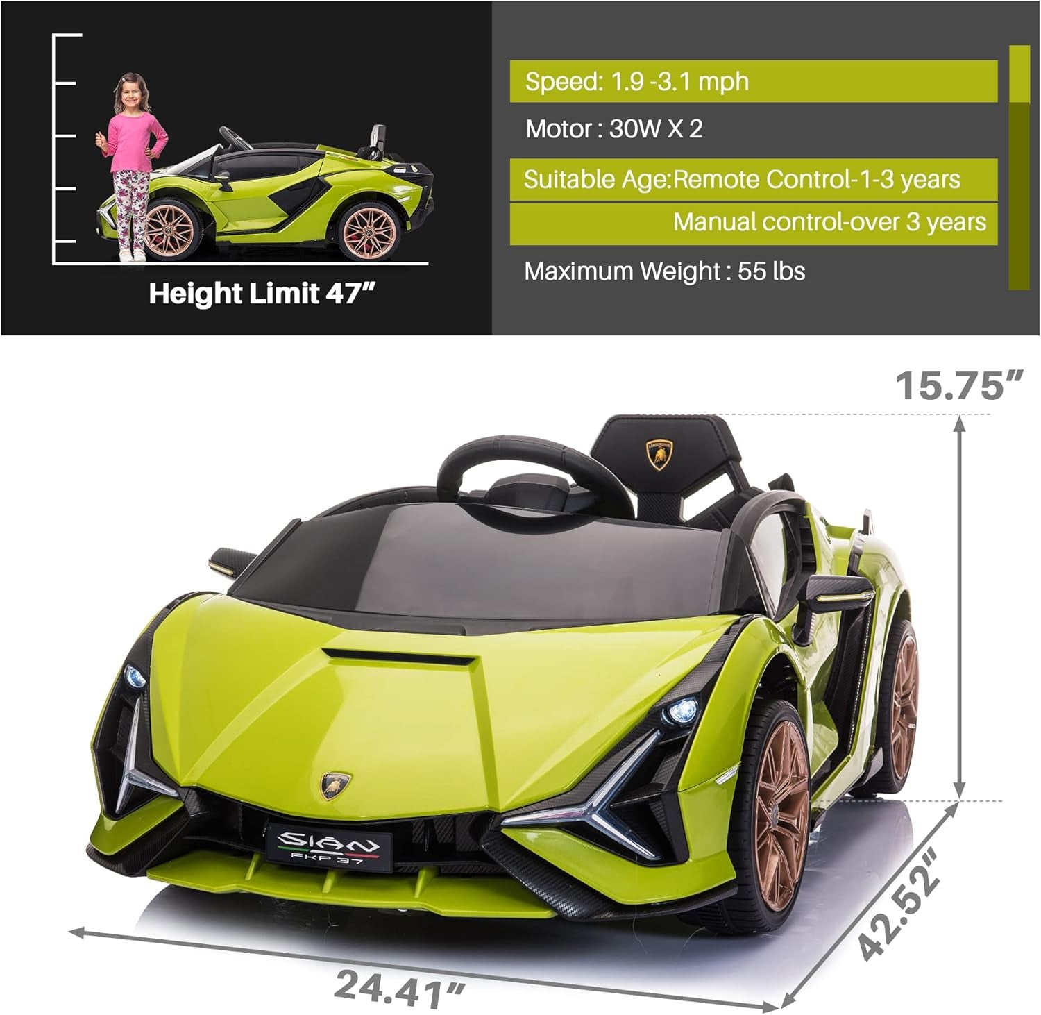 Electric Ride on Car Toy for Kids to Drive, 12V Battery Powered Licensed Lamborghini SIAN with Parent Remote Control for Toddlers 3-6 Years W/Functions Spring Suspension/Horn/Led Lights-Green