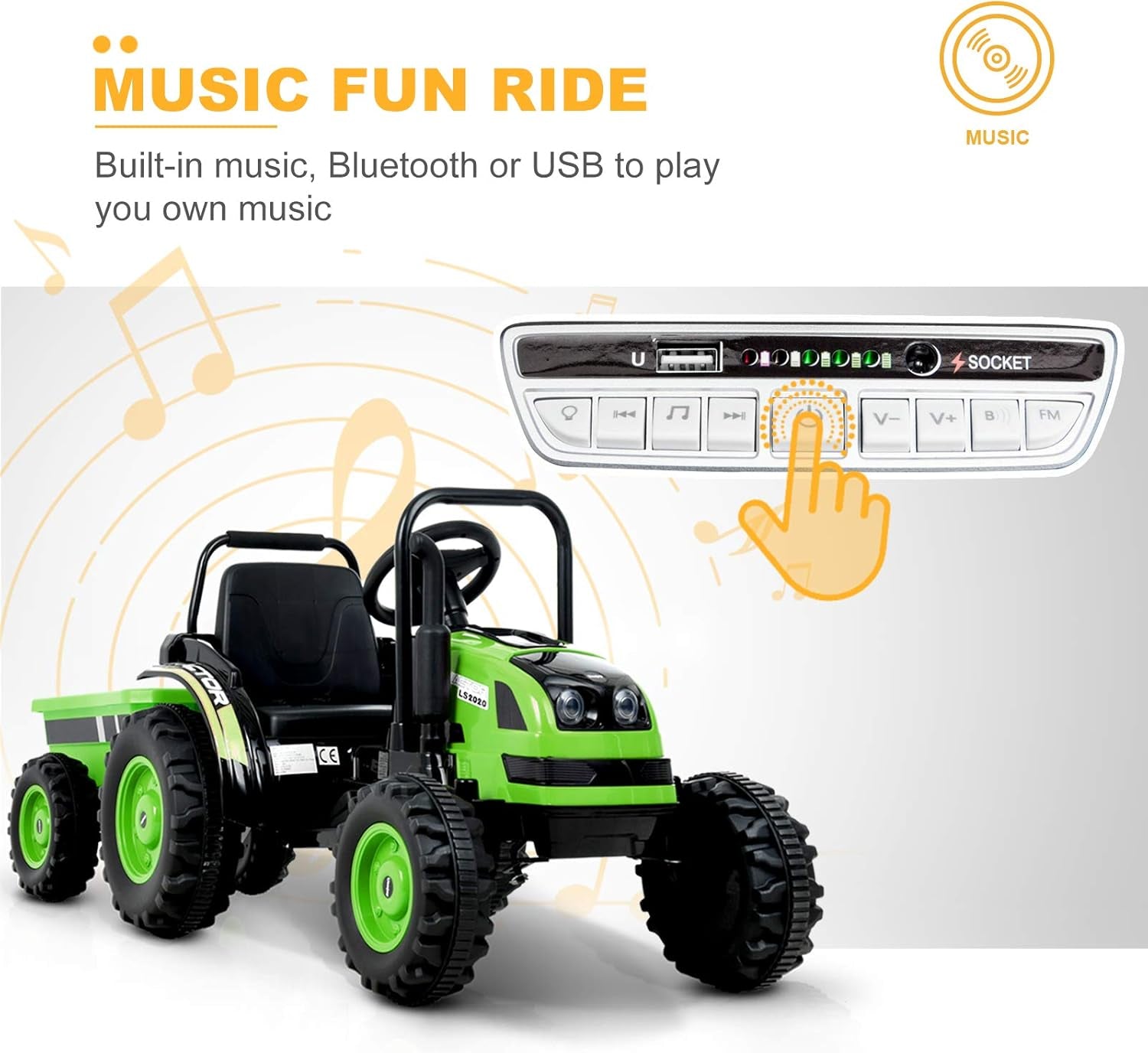 Electric Ride on Tractor with Trailer, Battery Powered Tractor Motorized Vehicles for Kids W/Remote Control, Music, Horn, Spring Suspension,Green