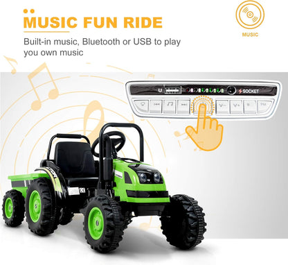 Electric Ride on Tractor with Trailer, Battery Powered Tractor Motorized Vehicles for Kids W/Remote Control, Music, Horn, Spring Suspension,Green