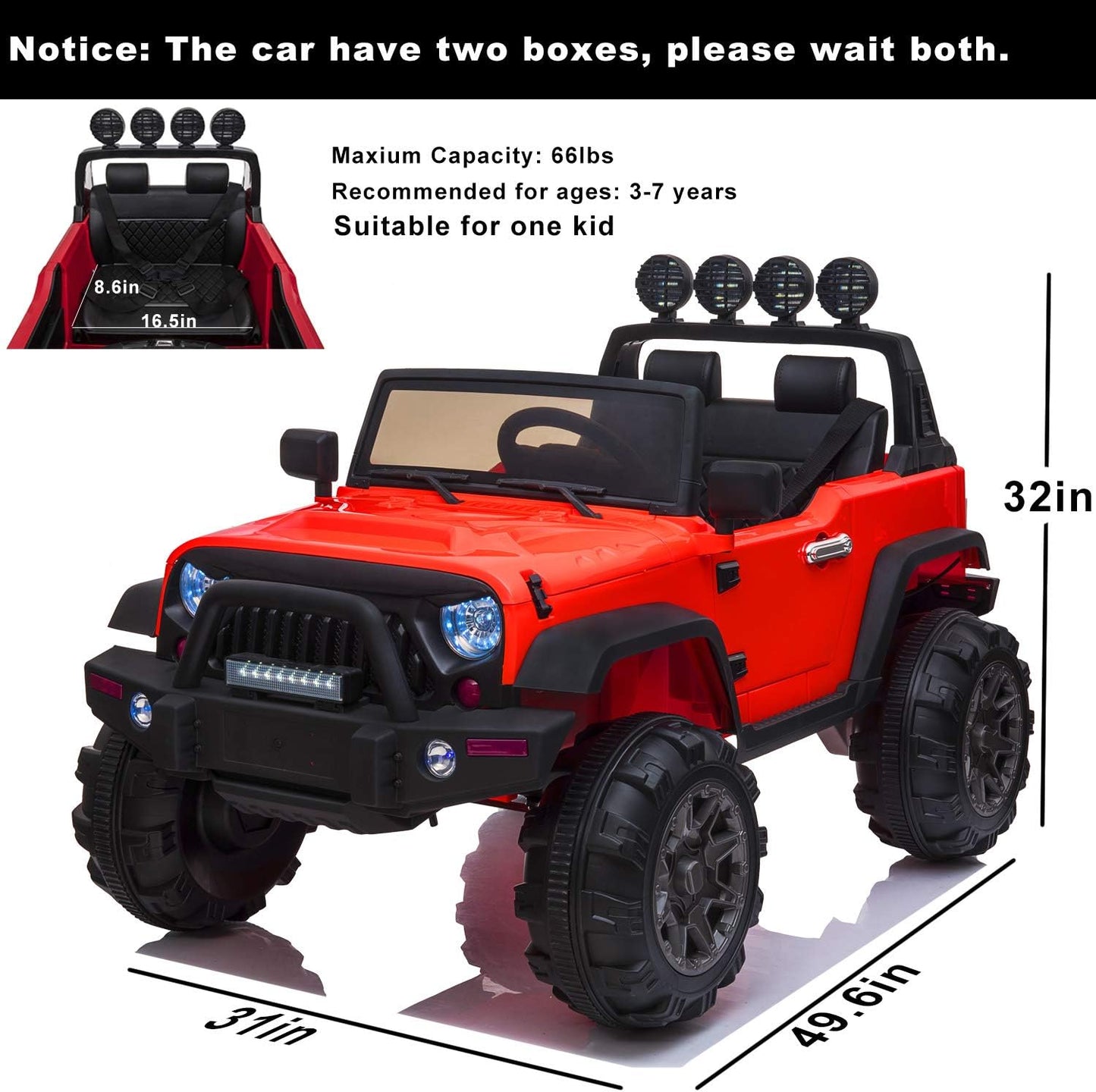 12V Ride on Car Trucks, Kids Electric Vehicles W/Parental Remote Control, LED Lights,Mp3 Player,Safety Belt,Spring Suspension(Red)