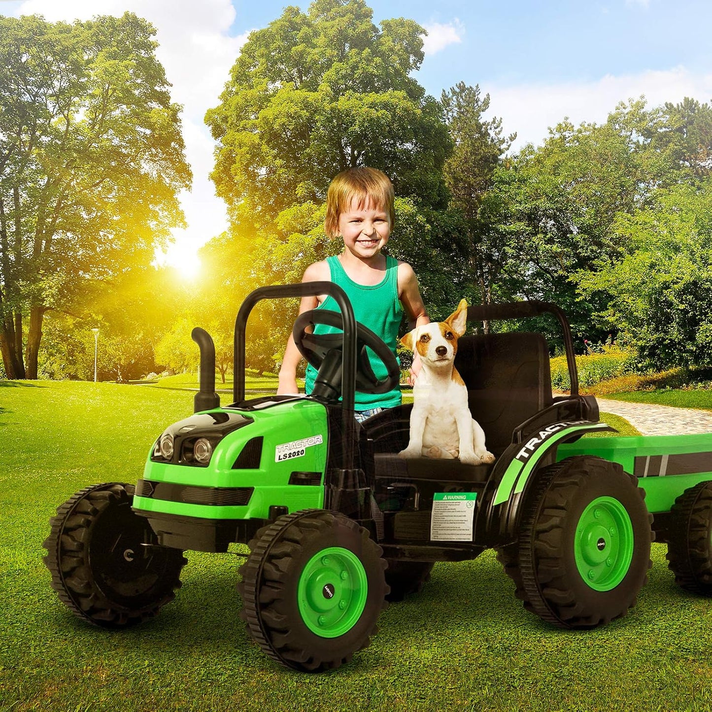 Electric Ride on Tractor with Trailer, Battery Powered Tractor Motorized Vehicles for Kids W/Remote Control, Music, Horn, Spring Suspension,Green