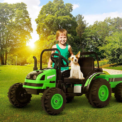 Electric Ride on Tractor with Trailer, Battery Powered Tractor Motorized Vehicles for Kids W/Remote Control, Music, Horn, Spring Suspension,Green