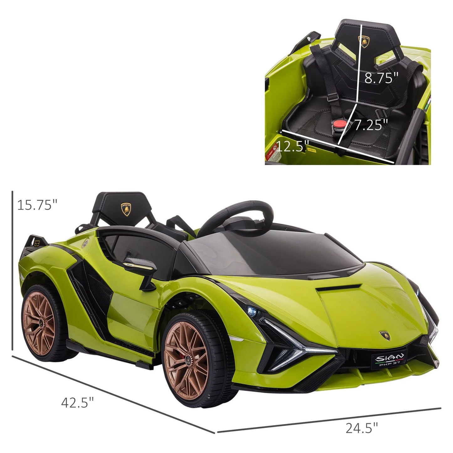 12V Ride on Car, Lamborghini SIAN Licensed Battery Powered Electric Car for Kids with Remote Control, Horn, Music, & Headlights, Green