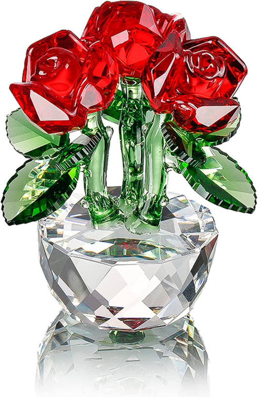 Red Crystal Rose Bouquet Flowers Figurines Ornament with Gift Box